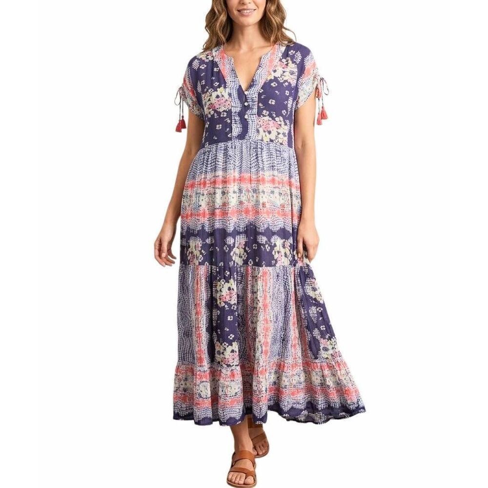 Lulasoul Boho patchwork batik floral multicolor maxi dress tassel sleeve women M